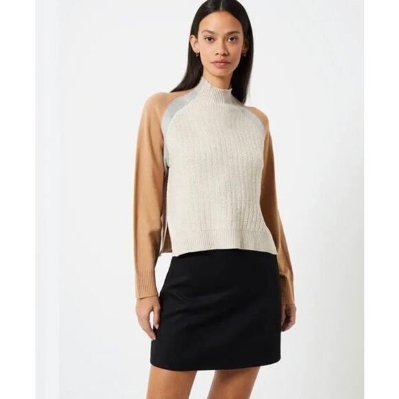 NWT French Connection Babysoft Mock Neck Sweater Large Tan Cream Cozy Colorblock - Picture 1 of 9